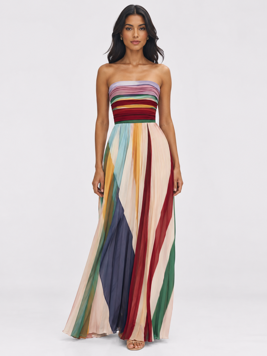 Women's Sexy Tube Top Backless Printed Color Swing Maxi Dress