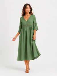 Elegant Casual V-Neck Solid Color Mid-Sleeve Womens Dress