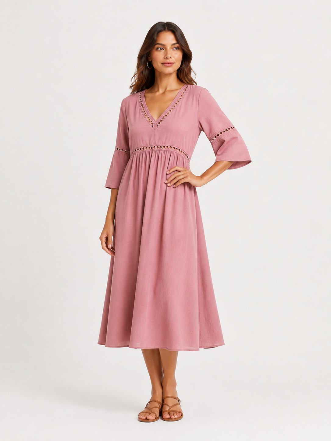 Elegant Casual V-Neck Solid Color Mid-Sleeve Womens Dress