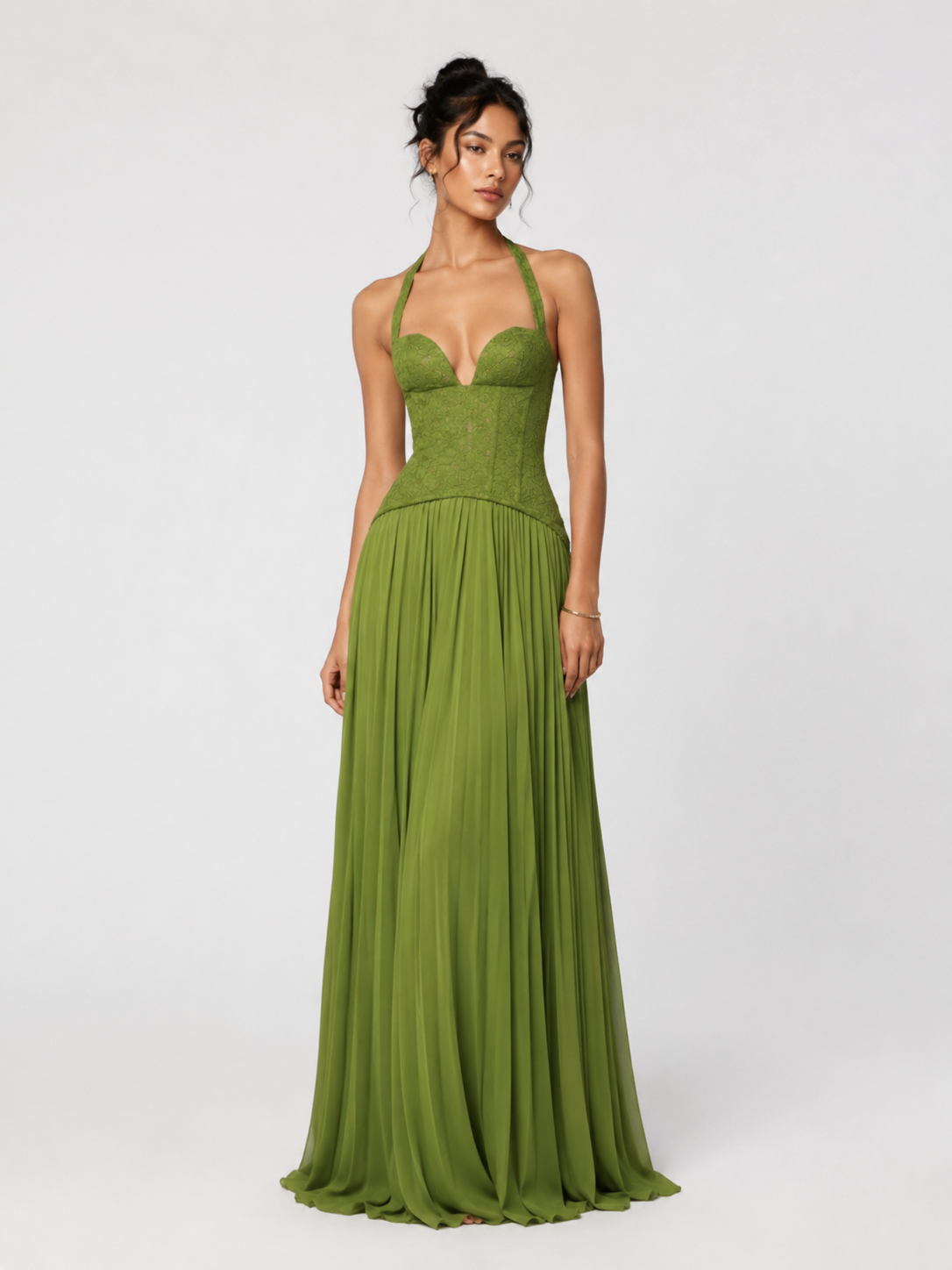 Womens Fashion Backless Halter-neck Low-cut Plunging Pleated Dress