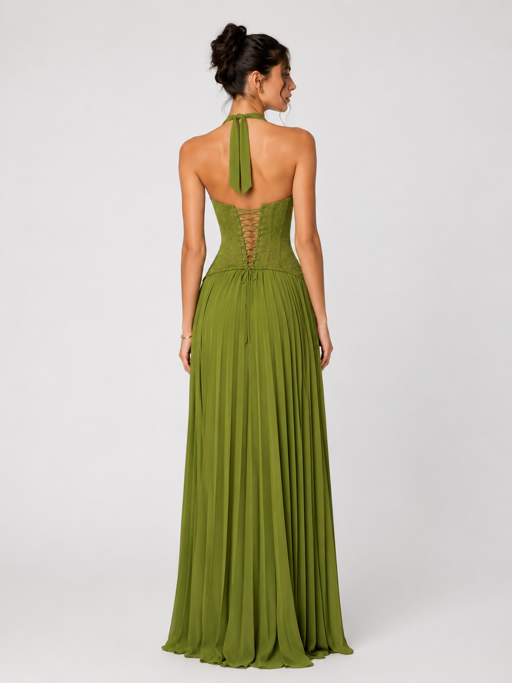 Womens Fashion Backless Halter-neck Low-cut Plunging Pleated Dress