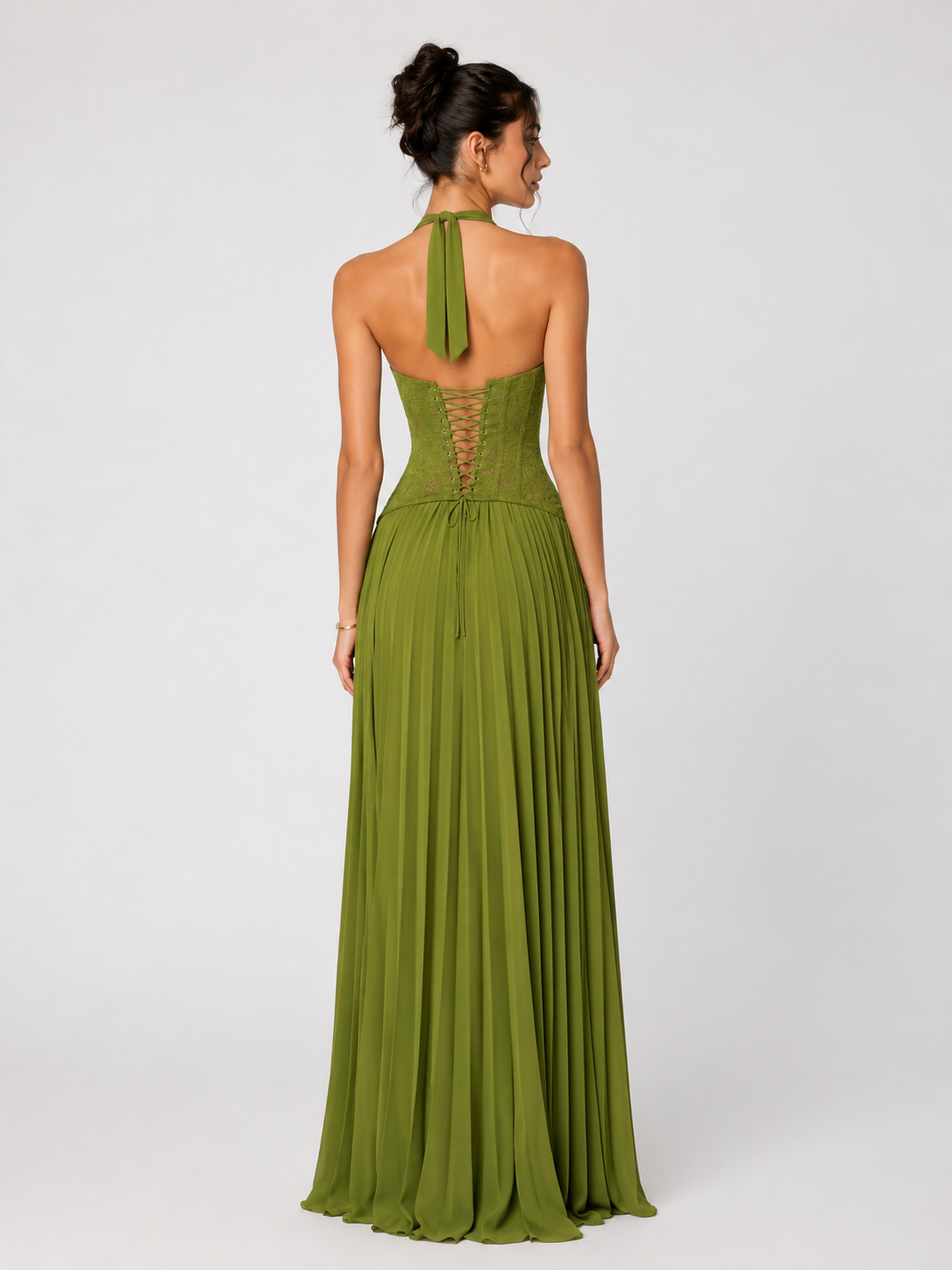 Womens Fashion Backless Halter-neck Low-cut Plunging Pleated Dress