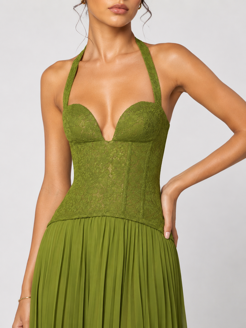 Womens Fashion Backless Halter-neck Low-cut Plunging Pleated Dress