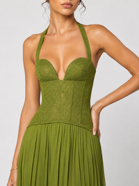 Womens Fashion Backless Halter-neck Low-cut Plunging Pleated Dress
