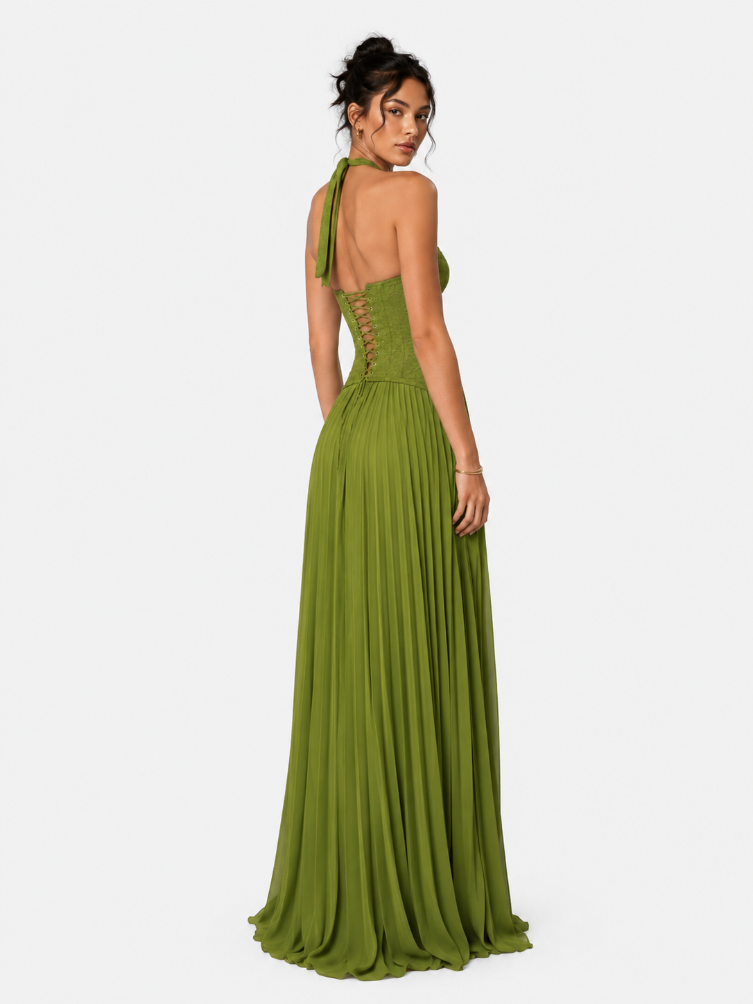 Womens Fashion Backless Halter-neck Low-cut Plunging Pleated Dress