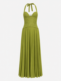 Womens Fashion Backless Halter-neck Low-cut Plunging Pleated Dress