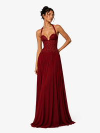 Womens Fashion Backless Halter-neck Low-cut Plunging Pleated Dress