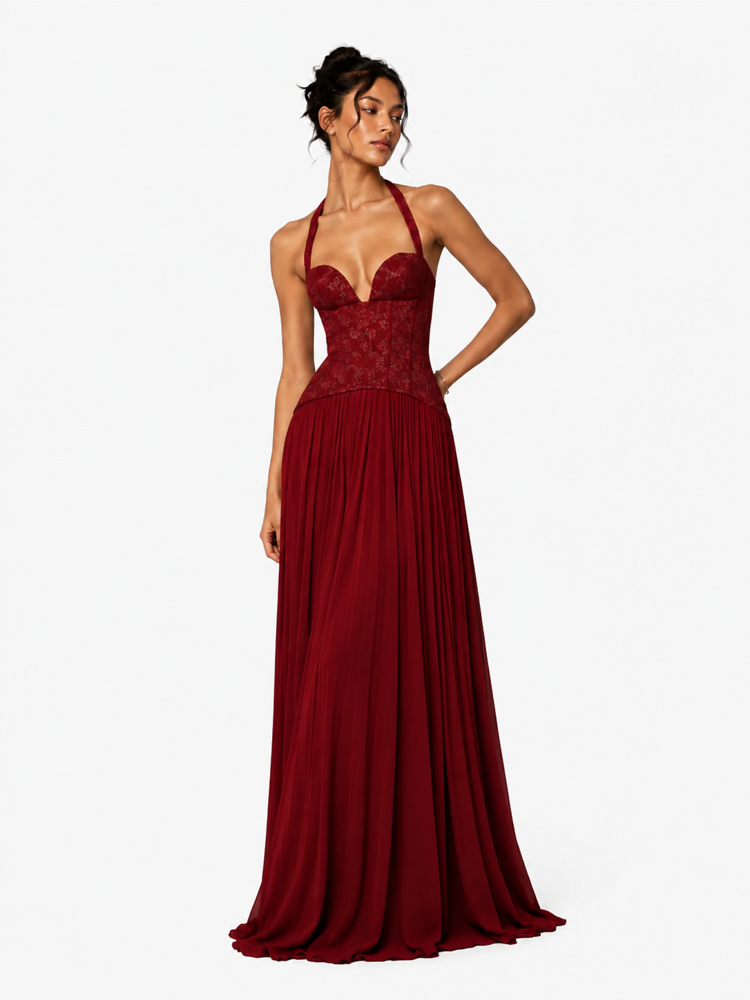 Womens Fashion Backless Halter-neck Low-cut Plunging Pleated Dress
