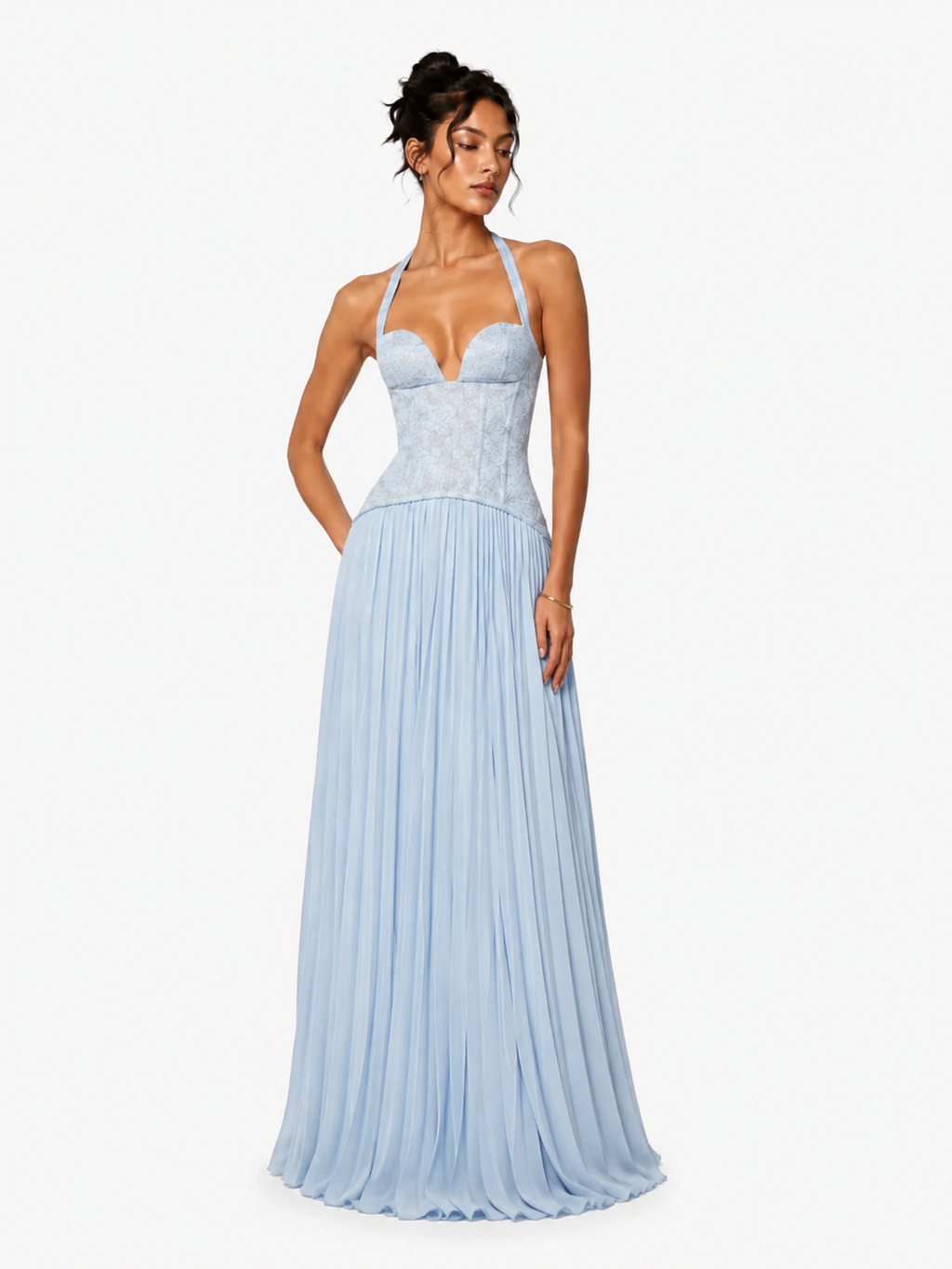 Womens Fashion Backless Halter-neck Low-cut Plunging Pleated Dress