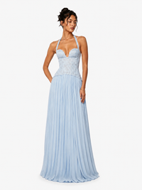 Womens Fashion Backless Halter-neck Low-cut Plunging Pleated Dress