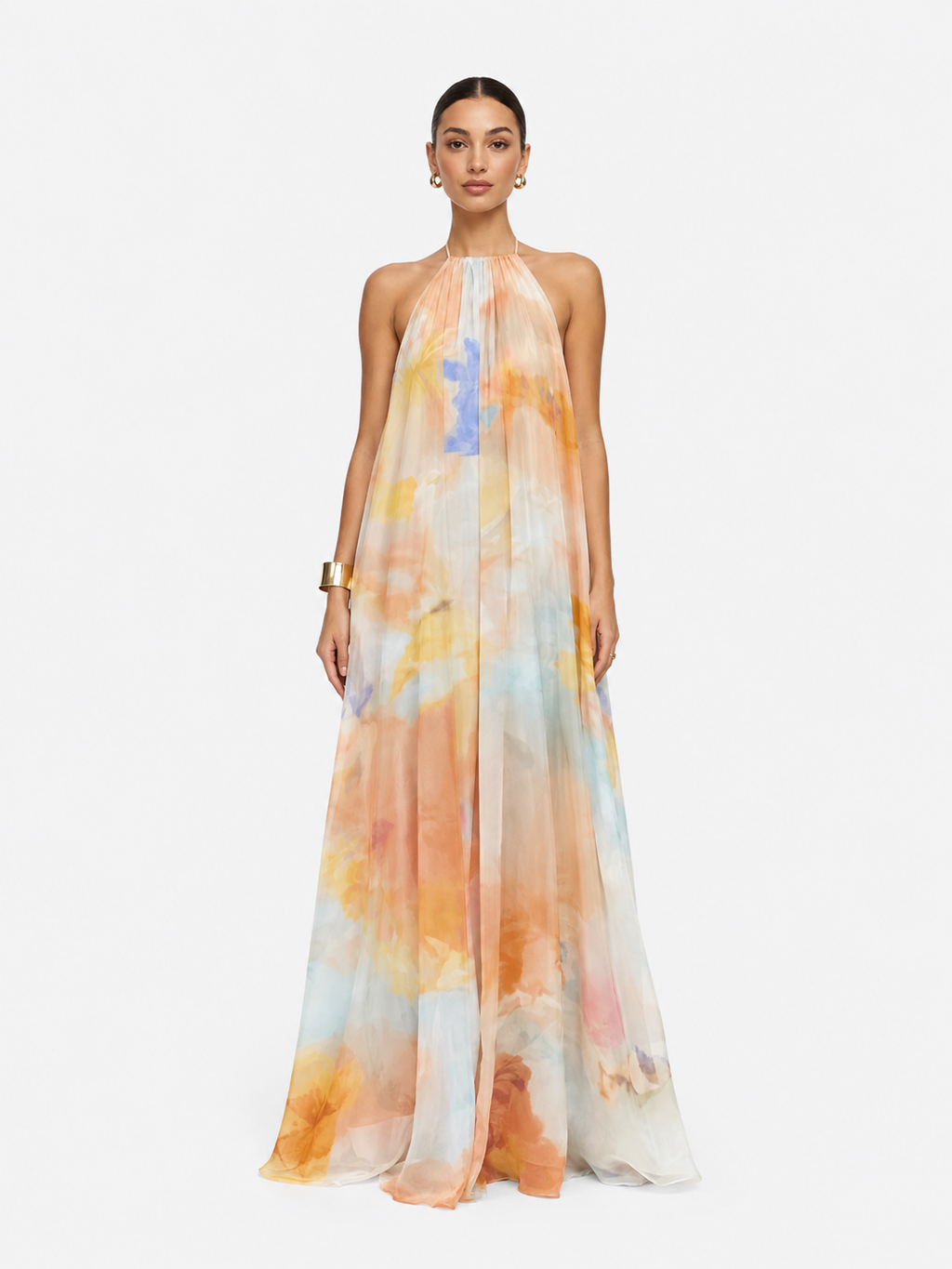 Printed, Loose-Fitting Halterneck Backless Resort Dress