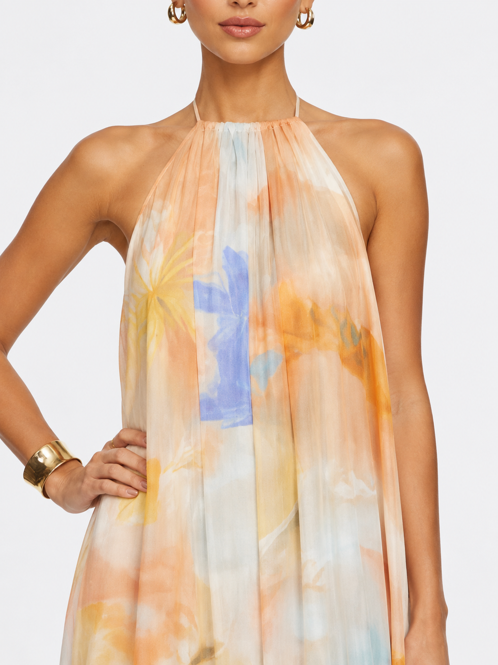 Printed, Loose-Fitting Halterneck Backless Resort Dress