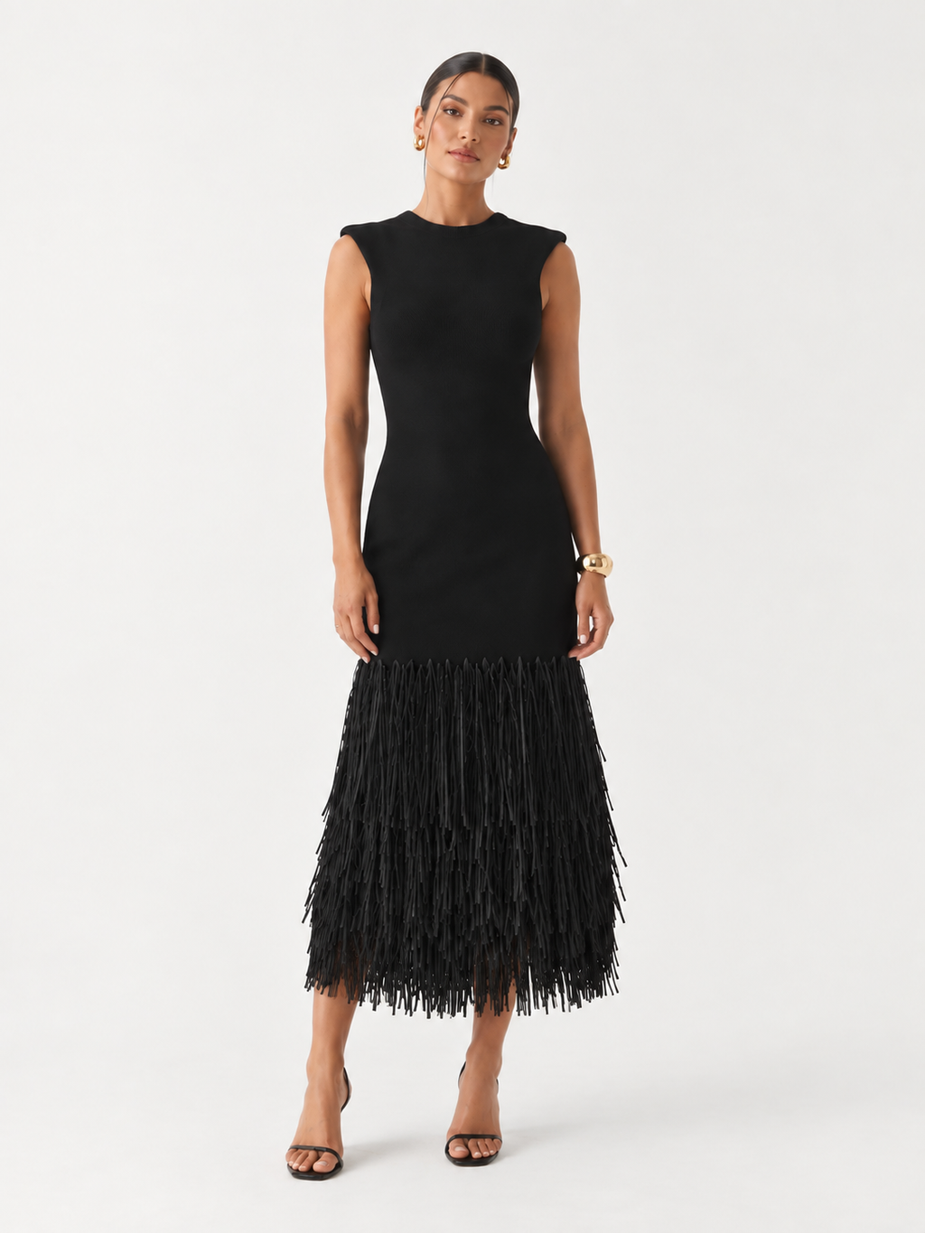 Solid Color Hem Fringe Knitted Halter Dress