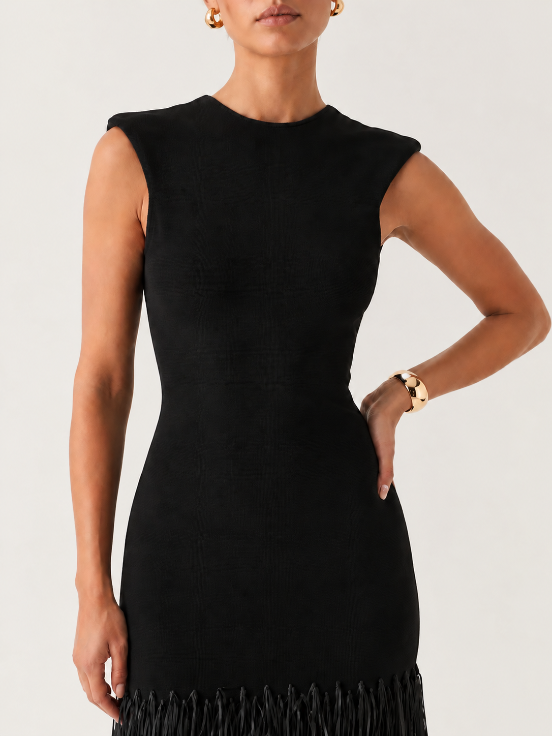 Solid Color Hem Fringe Knitted Halter Dress