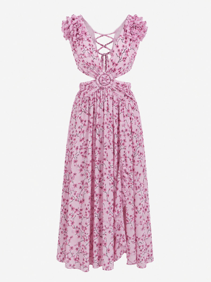 Autumn European And American Fashion Casual Home Floral Backless Dress Women